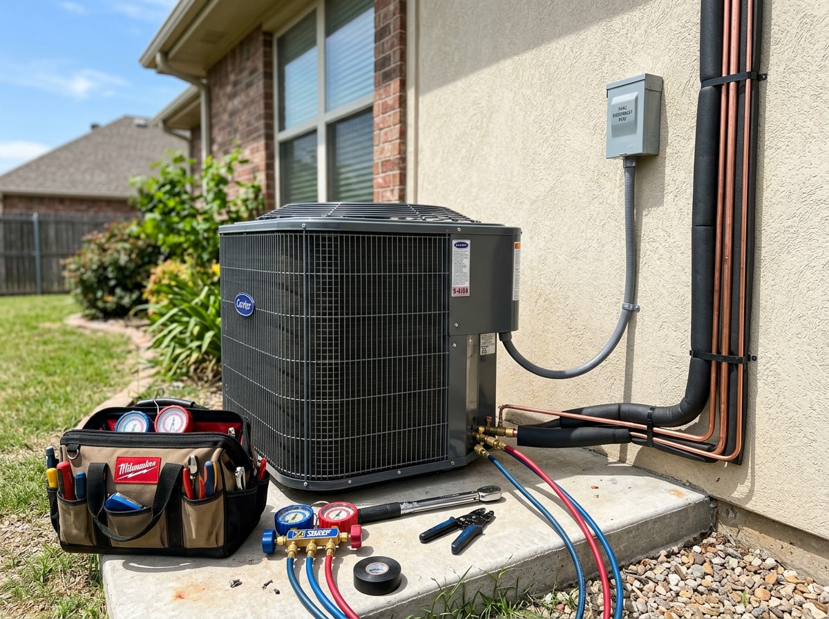 Technician installing a new central air conditioning condenser outside a Tulsa home