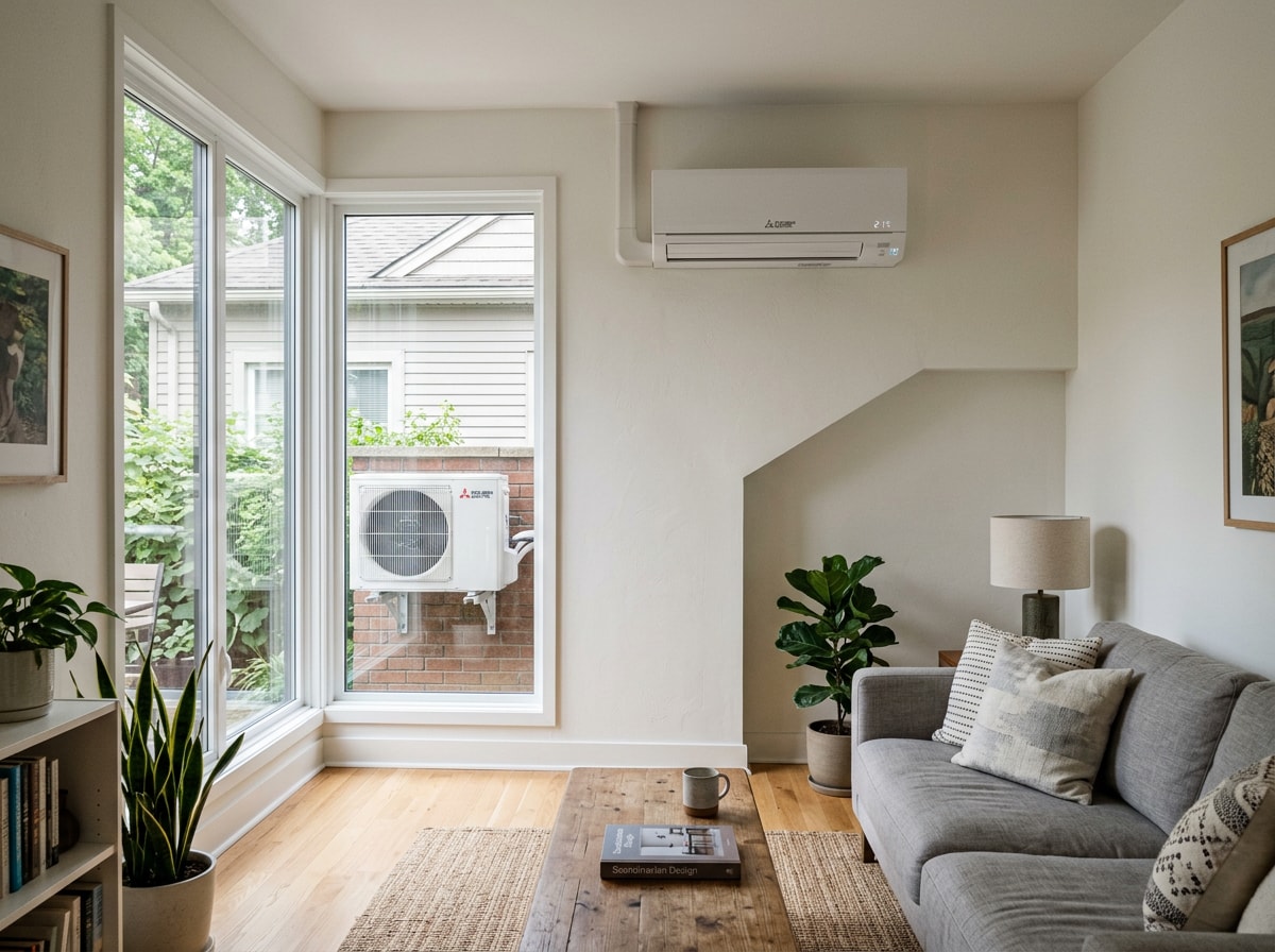 Ductless mini-split indoor unit mounted on an interior wall with outdoor condenser visible through a window