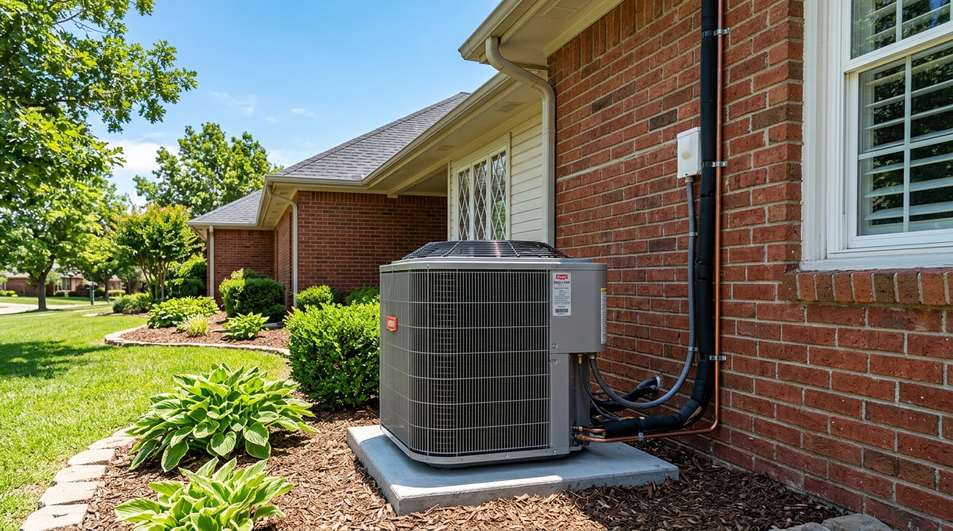 New residential air conditioning condenser unit installed outside a Tulsa, OK home
