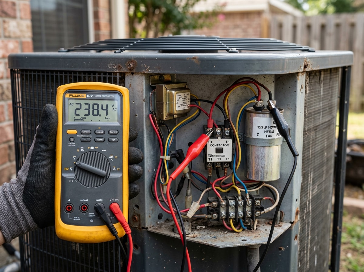 Technician's multimeter testing voltage on an outdoor condenser unit