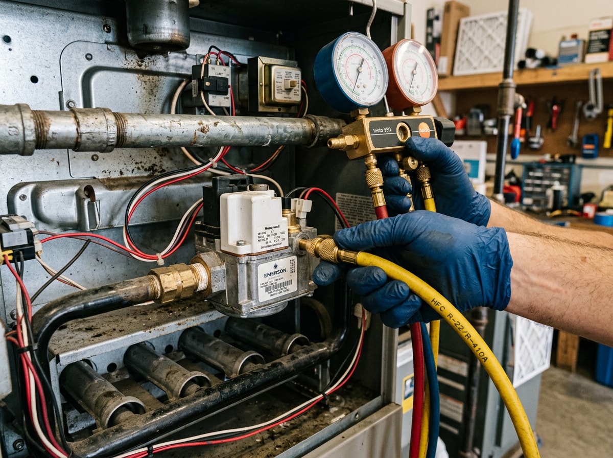 Close-up of a technician's hands connecting gauges to a furnace gas valve during a repair