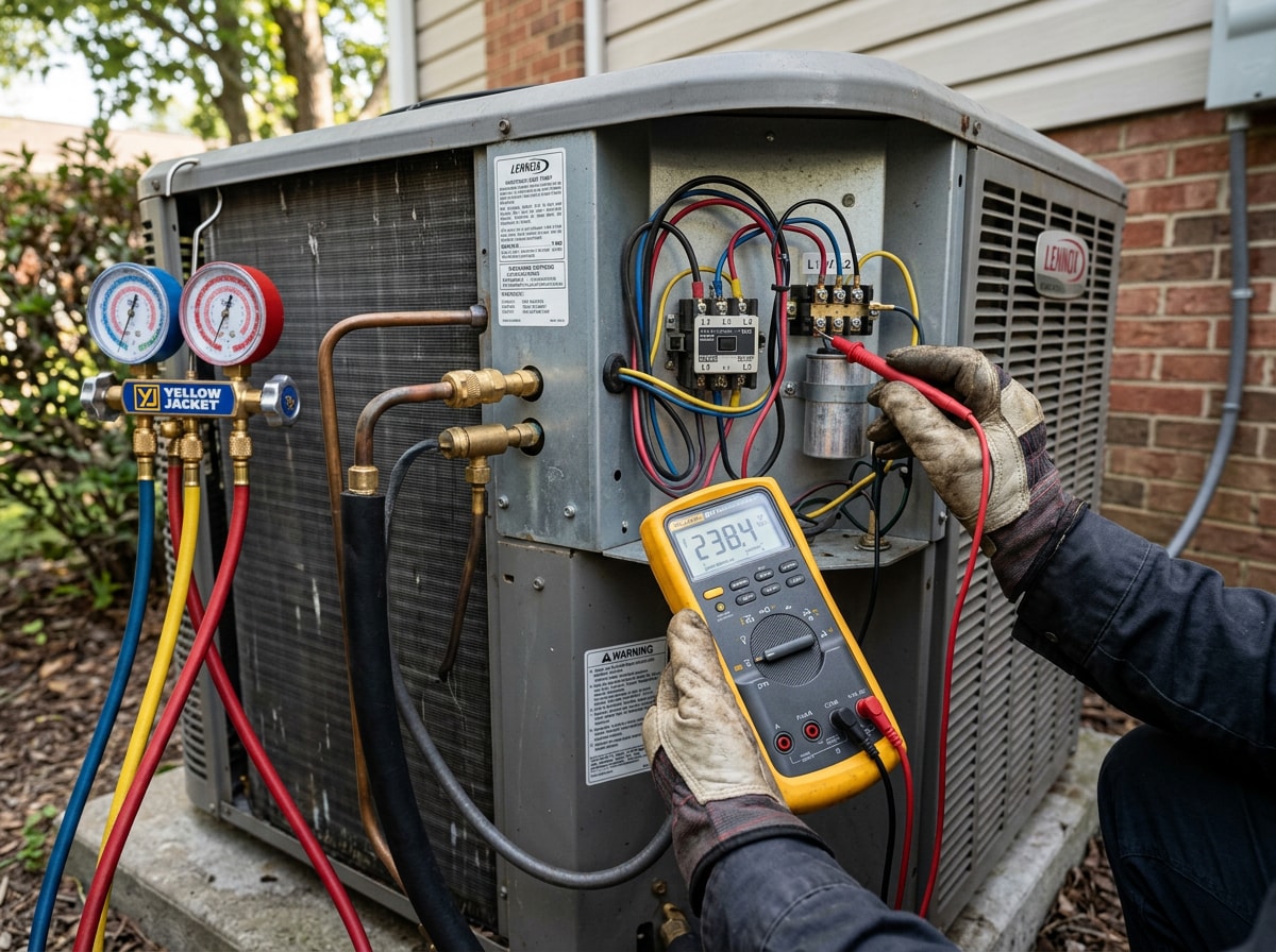 HVAC technician using a multimeter and gauges to diagnose an outdoor condenser unit