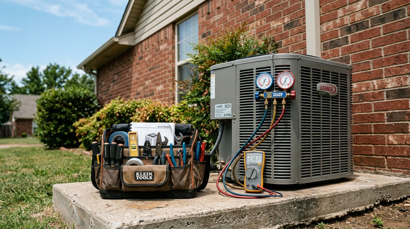 HVAC inspection toolkit and gauges set up next to a residential condenser unit in Enid, OK HVAC inspection toolkit and gauges set up next to a residential condenser unit in Enid, OK