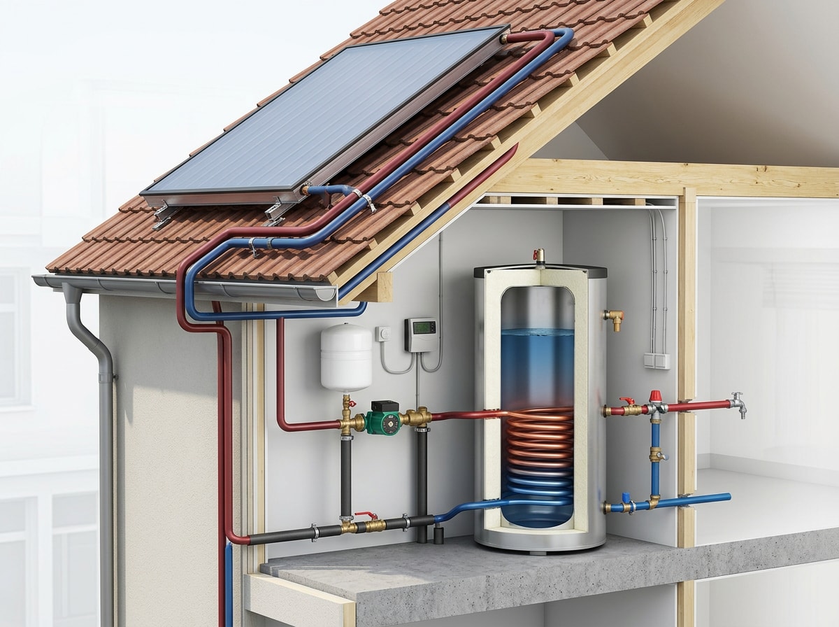 Diagram showing how a rooftop solar collector transfers heat to an insulated storage tank