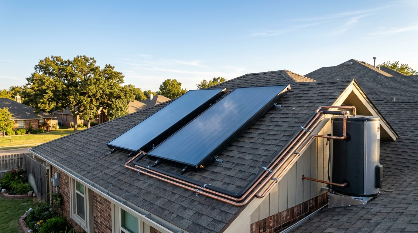 Residential solar water heating collectors installed on an Oklahoma rooftop