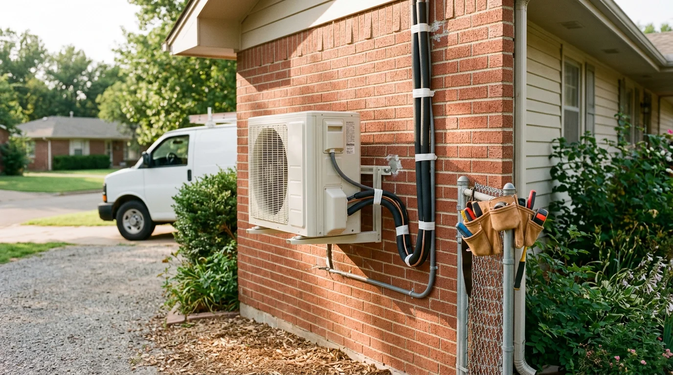 Air conditioning outdoor unit mounted on residential home exterior