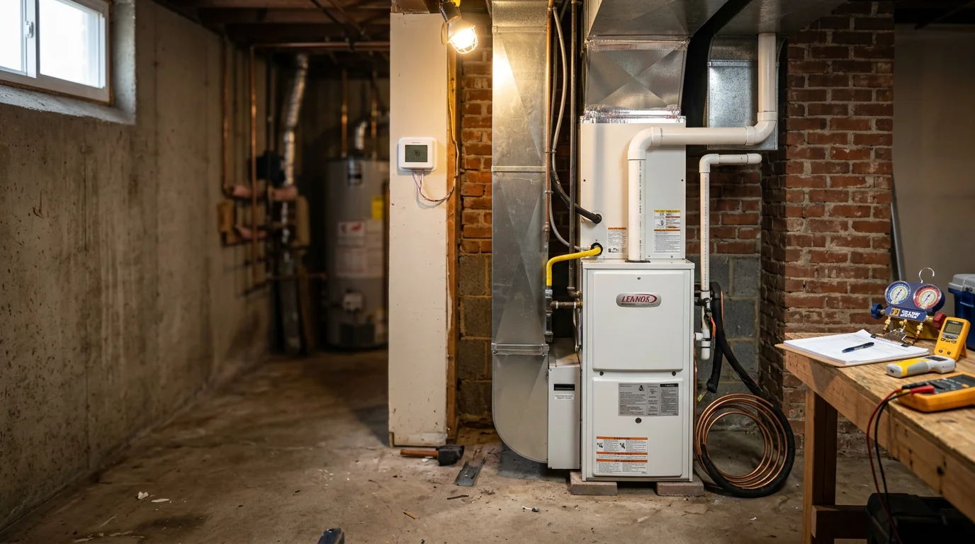 Heating system furnace installed in residential basement
