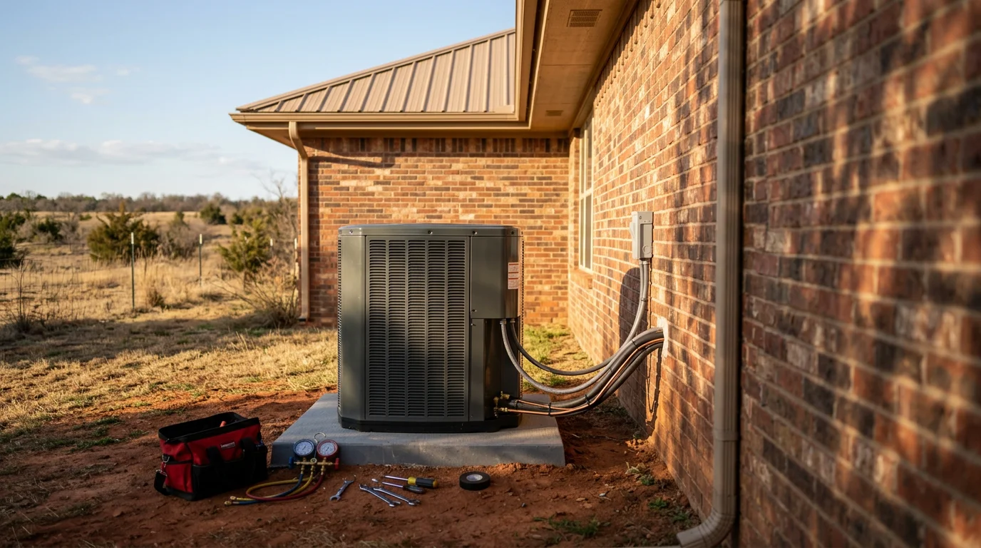 HVAC technician installing air conditioning unit in residential home