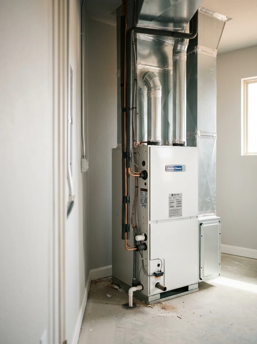 New HVAC air handler being installed in the utility room of a recently built Edmond home, with fresh ductwork connections visible.