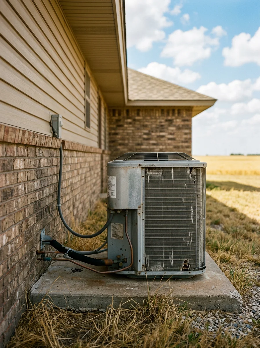 Outdoor condenser unit beside a ranch-style home in Enid, Oklahoma, with flat wheat-belt plains visible in the background on a clear summer day.