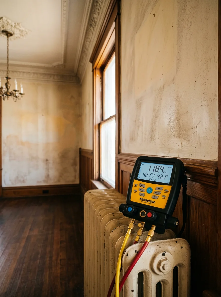 Interior of a Guthrie historic home showing high ceilings and original wood trim during an HVAC service assessment, with a portable diagnostic tool in the foreground.