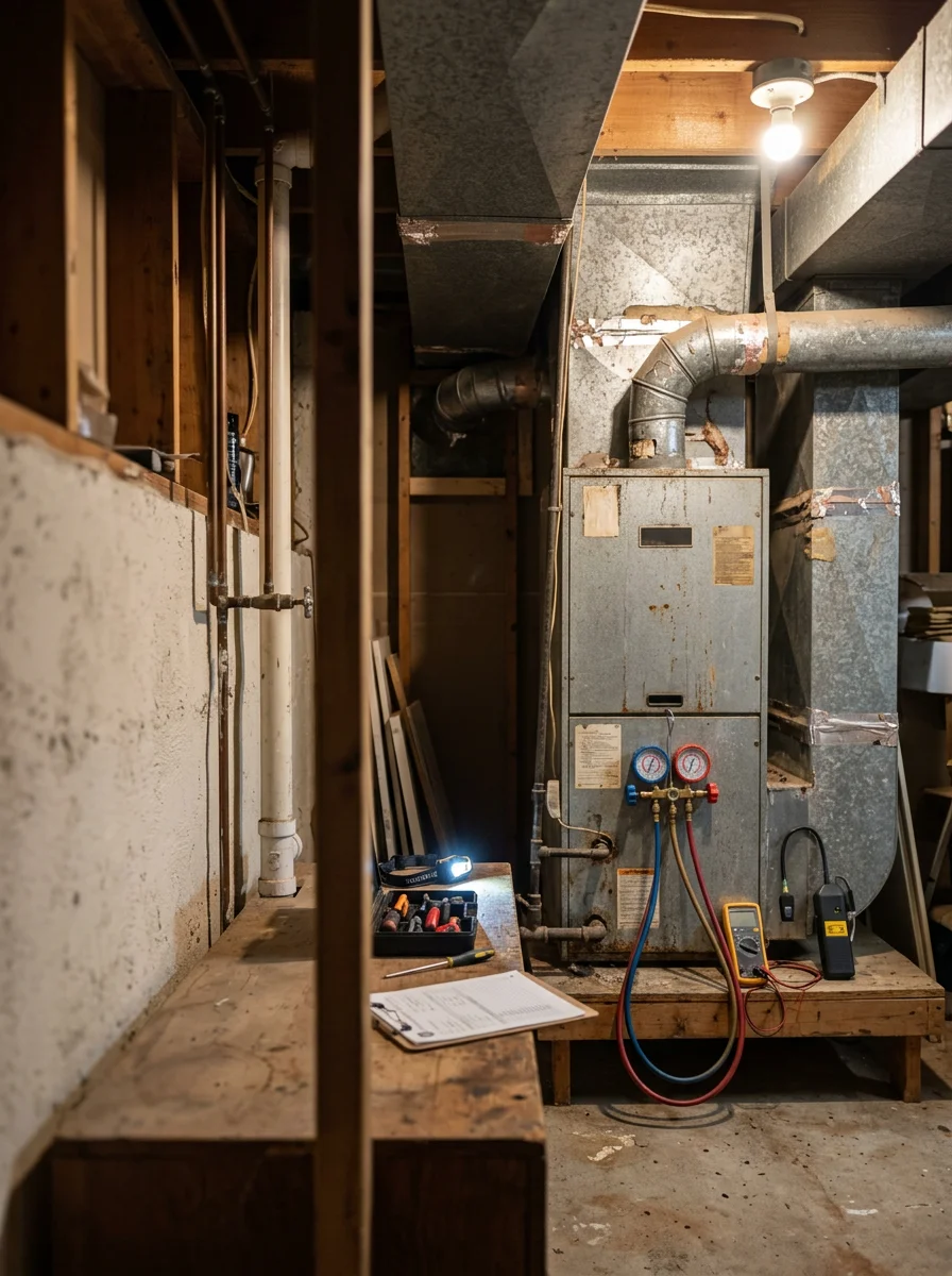 Older residential ductwork and air handler being inspected during an HVAC service call in a Norman home near the University of Oklahoma campus.