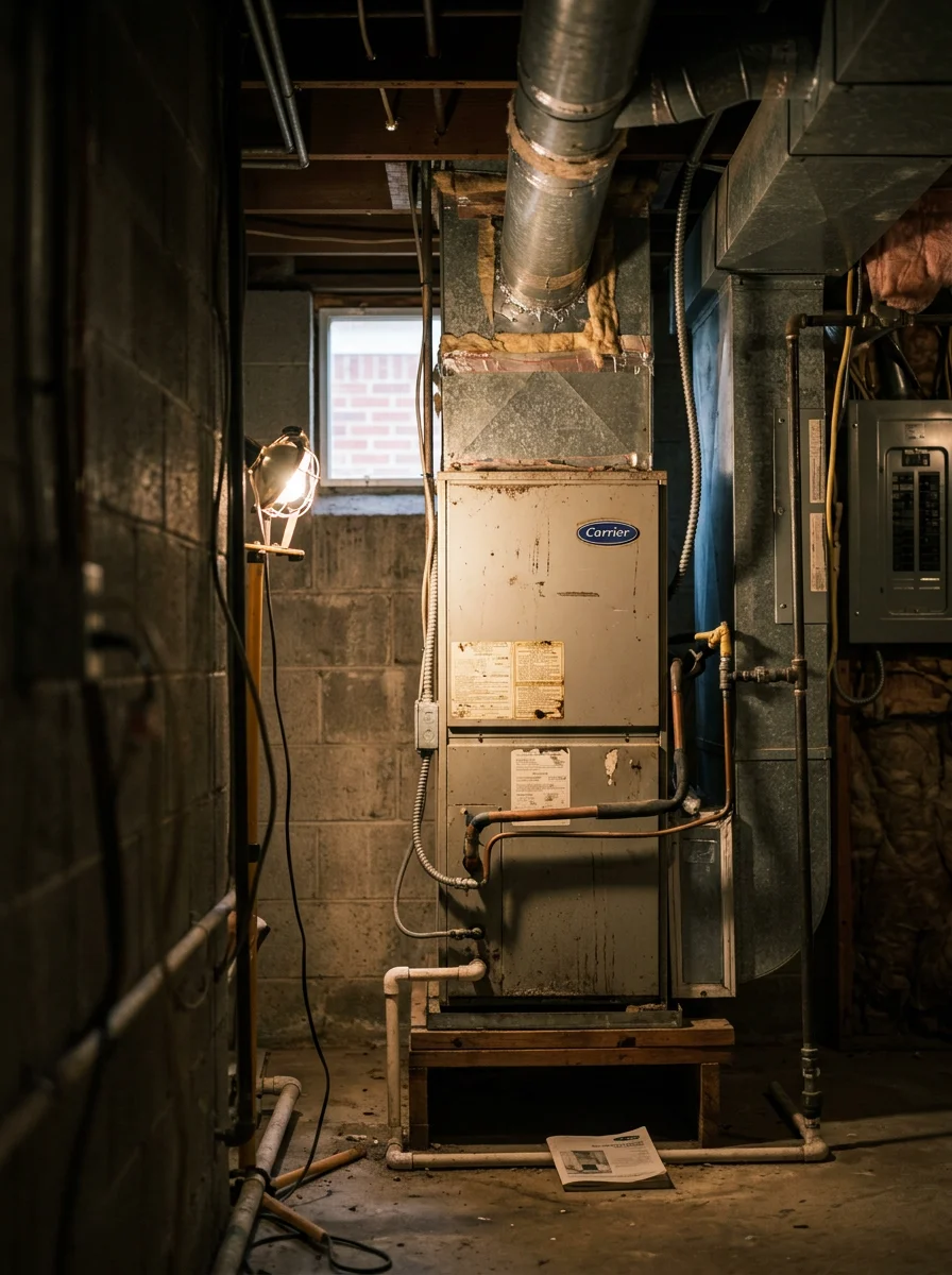 Interior view of a residential air handler and ductwork being inspected during an HVAC service call in an older Oklahoma City home.