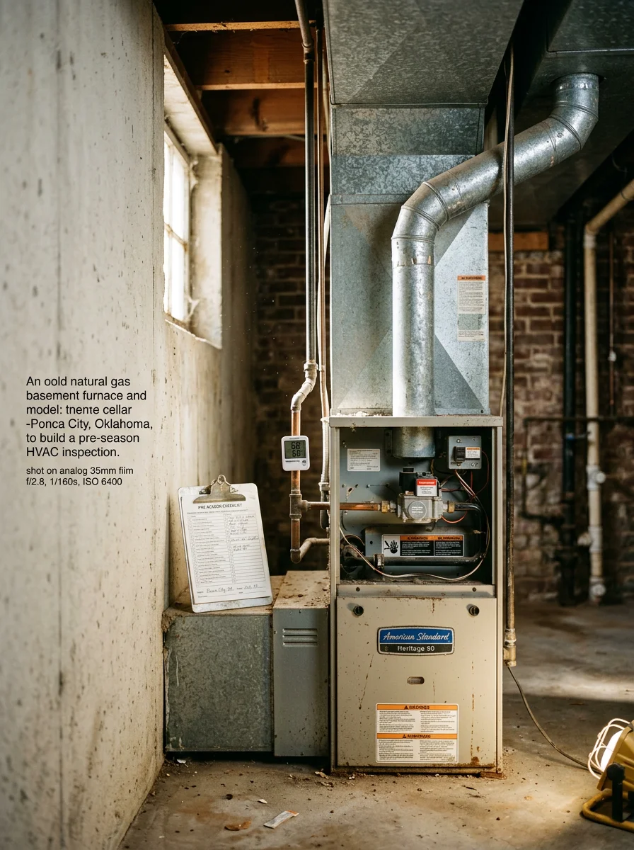 Furnace and ductwork inside an older Ponca City home being inspected during a pre-season heating service call, with high ceilings visible in the background.