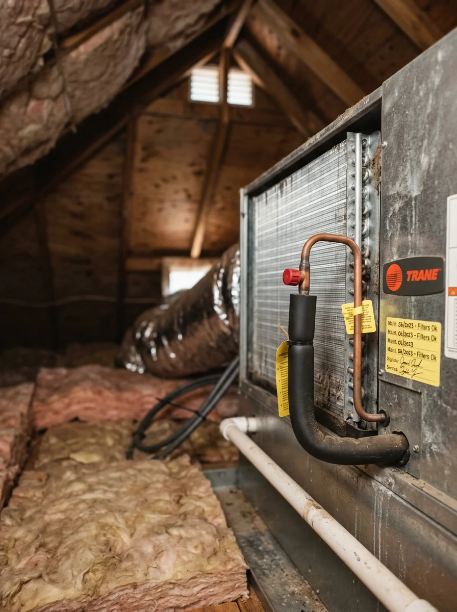 Close-up of a residential split-system air handler being serviced inside a Stillwater home, with ductwork visible in the background.