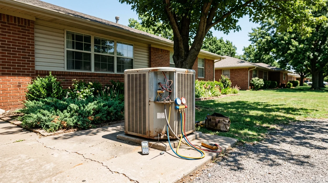HVAC technician inspecting an outdoor condenser unit beside a 1980s ranch-style home in a Stillwater, Oklahoma residential neighborhood on a hot summer day.