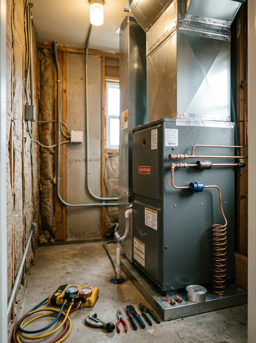 Residential HVAC air handler and ductwork inside a south Tulsa home during a system replacement, with new equipment staged nearby.