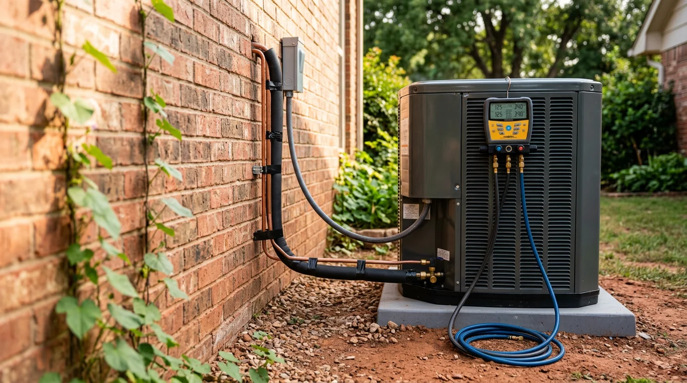 A new central air conditioning unit installed on the side of a residential home in Stillwater, Oklahoma, with clean copper line sets and a level concrete pad. A technician from Chillwater Mechanical LLC checks the system connections during the final setup.