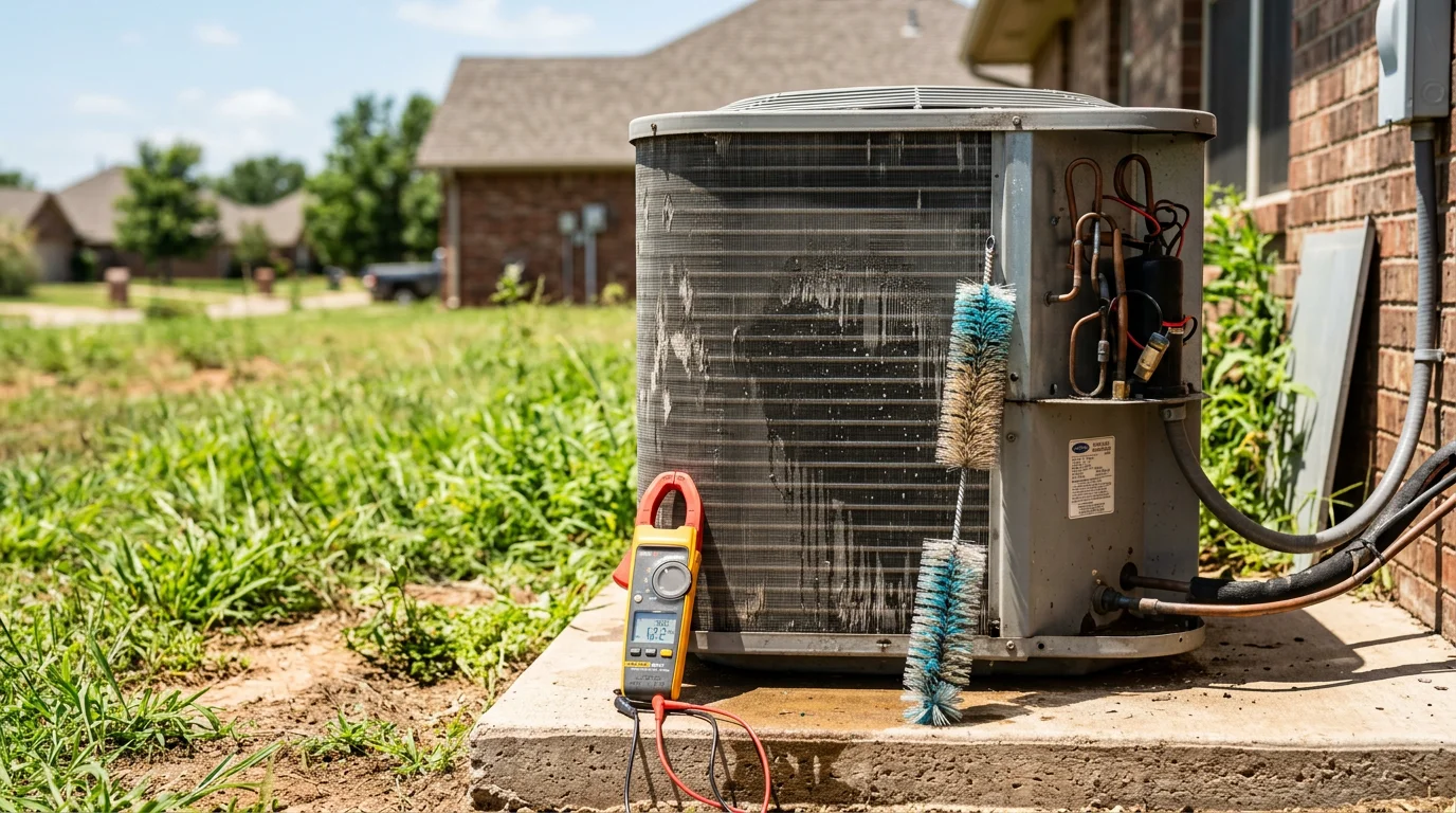 A Chillwater Mechanical LLC technician inspecting an outdoor AC condenser unit at a residential home in Stillwater, Oklahoma. The technician is cleaning the condenser coils and checking system components during a routine air conditioning maintenance visit.