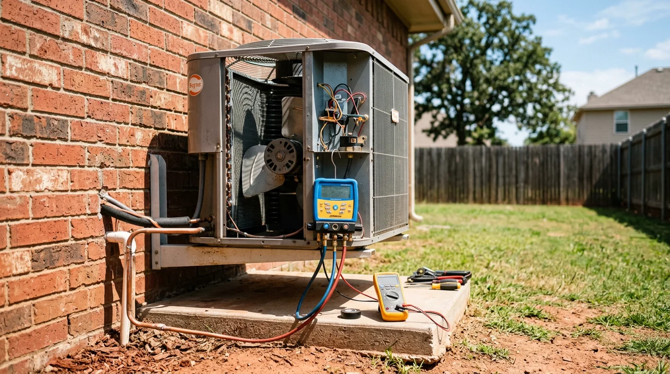 A Chillwater Mechanical LLC technician inspecting an outdoor AC condenser unit at a residential property in Stillwater, Oklahoma. The technician is checking electrical components on a warm summer day with a typical Oklahoma home visible in the background.