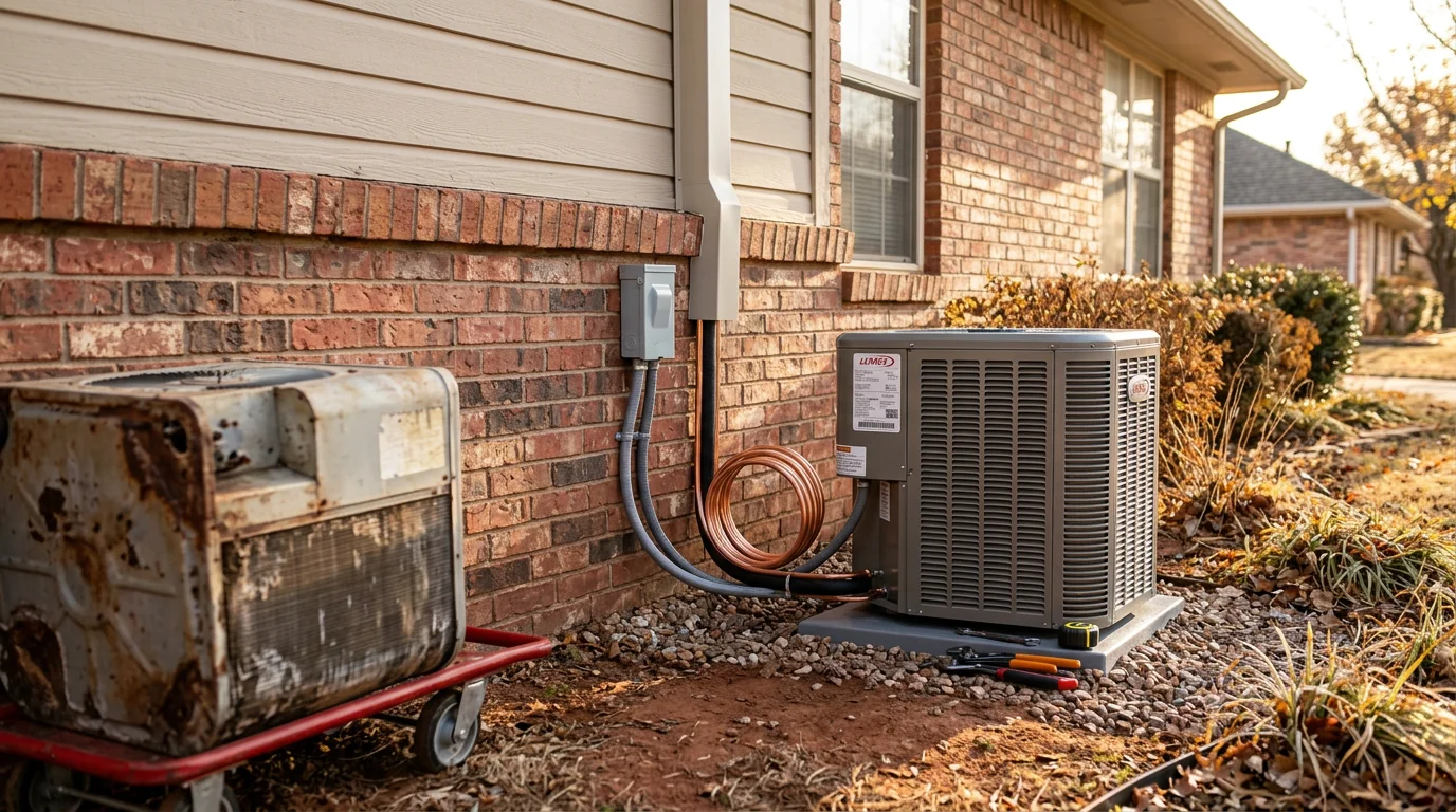 A new residential air conditioning condenser unit installed outside a single-family home in Stillwater, Oklahoma, with clean line connections and a cleared equipment pad. A technician from Chillwater Mechanical LLC checks the system during the final walkthrough.