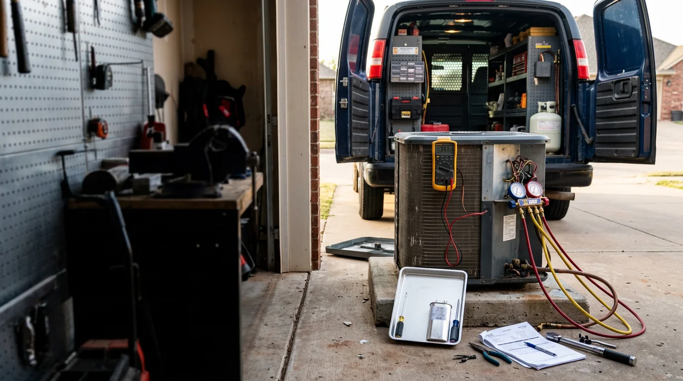A technician from Chillwater Mechanical LLC inspecting an outdoor HVAC condenser unit at a residential home in Stillwater, Oklahoma. The image shows a hands-on diagnostic check during an emergency service call on a hot Oklahoma summer day.