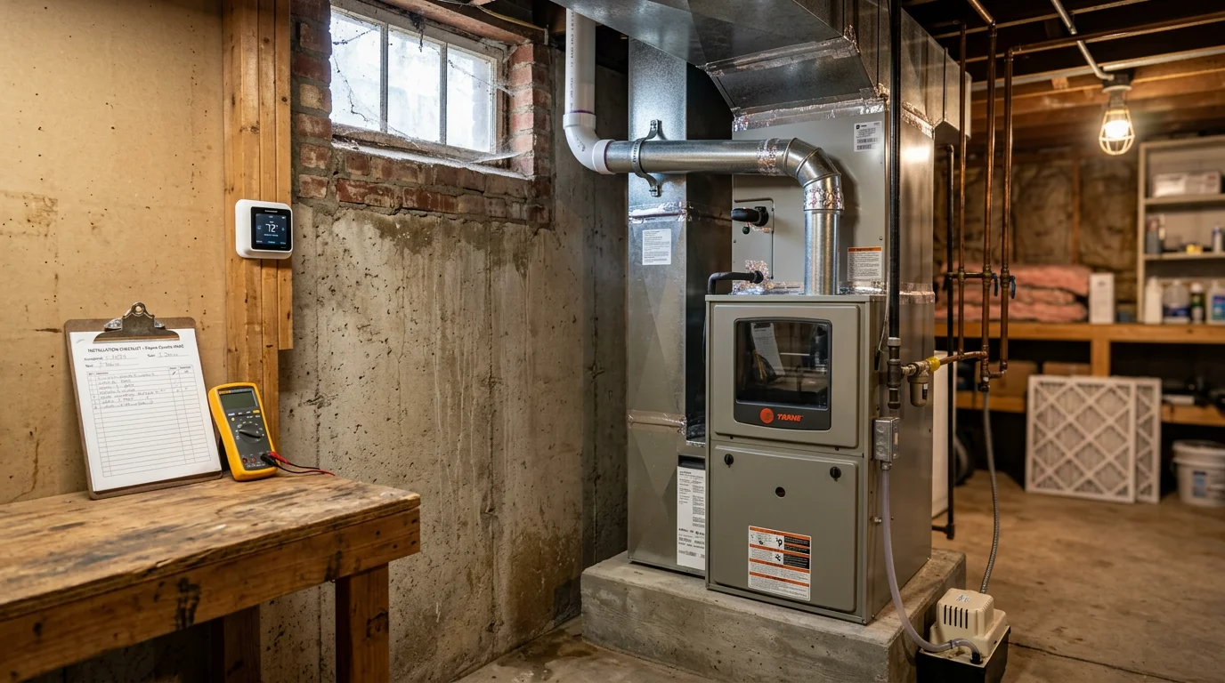 A newly installed residential heating system in a Stillwater, Oklahoma home utility room, with clean ductwork connections and a modern furnace unit in place.
