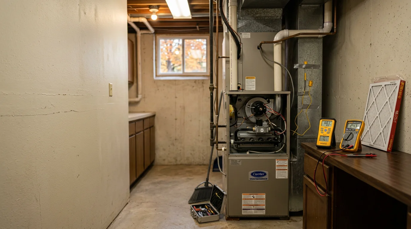 A heating system technician inspecting a residential furnace during a maintenance visit in Stillwater, Oklahoma. The technician checks internal components with a flashlight in a utility room setting.