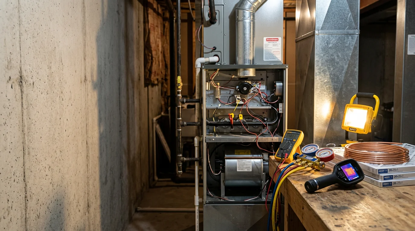 A heating system technician inspecting a residential furnace in a Stillwater, Oklahoma home during winter. The technician examines internal components with a diagnostic tool while the unit sits in a utility room.