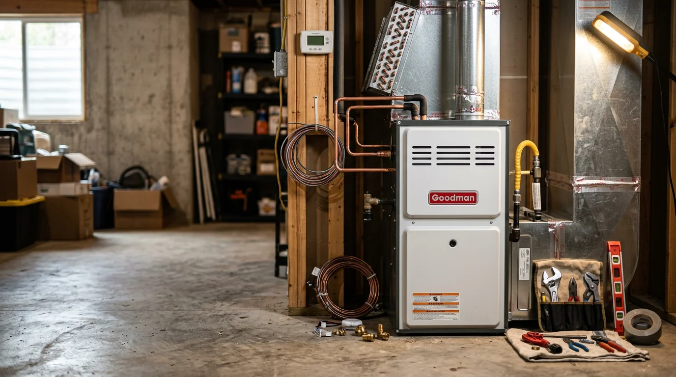 A heating contractor removing an old furnace unit inside a Stillwater, Oklahoma home during a heating system replacement. New equipment is staged nearby, ready for installation.