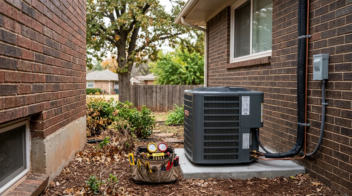 A newly installed residential HVAC outdoor condenser unit positioned beside a home in Stillwater, Oklahoma, with clean refrigerant line sets and electrical connections visible. A Chillwater Mechanical LLC technician inspects the unit during the final walkthrough.