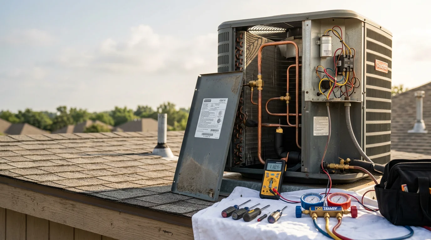 A Chillwater Mechanical LLC technician inspecting an outdoor HVAC condenser unit at a residential property in Stillwater, Oklahoma. The technician is checking electrical connections and coil condition during a routine maintenance visit.