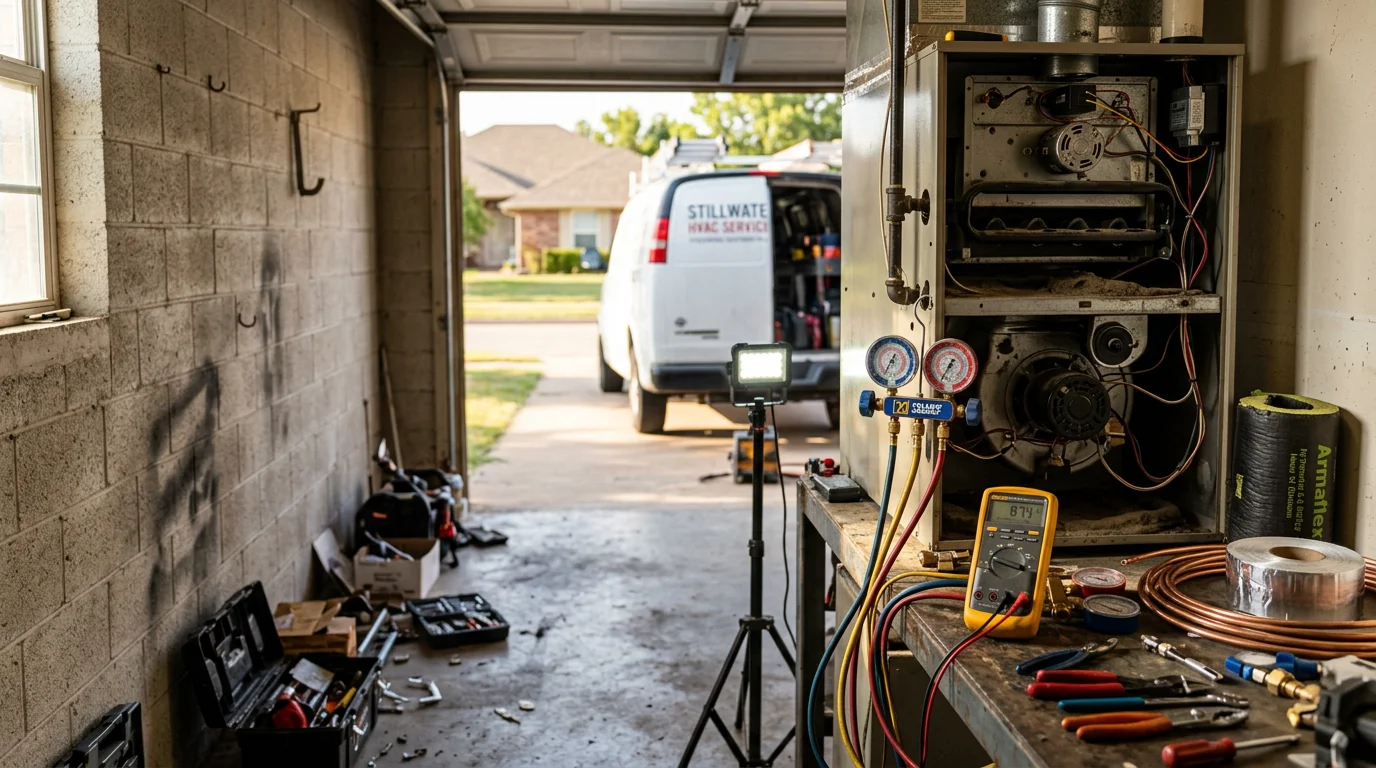 A Chillwater Mechanical LLC technician inspecting an outdoor HVAC condenser unit at a residential property in Stillwater, Oklahoma. The technician is checking internal components during a repair service call on a clear day.