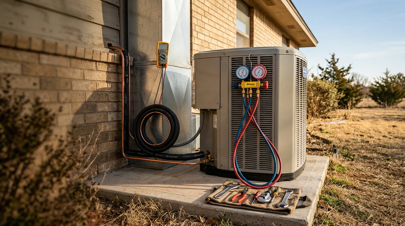 A newly installed HVAC system on the side of a residential home in Stillwater, Oklahoma, with clean refrigerant lines and a modern outdoor condenser unit set on a concrete pad.
